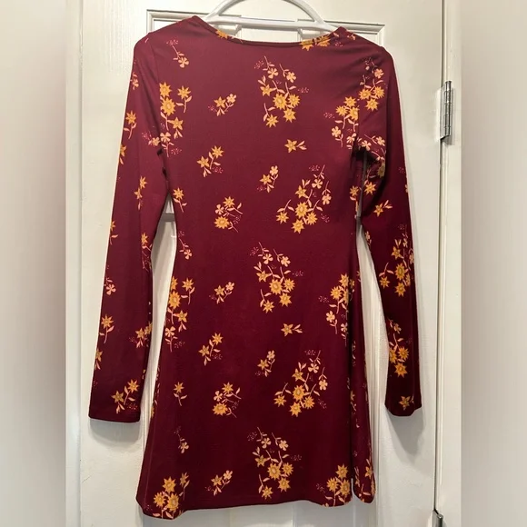 SO Yellow flowers print long sleeved burgundy dress short dress - Picture 2 of 6
